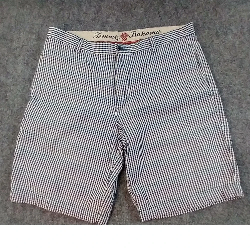 Tommy Bahama‎ Paradise Nation Mens 34 Gingham Plaid Cotton Shorts Blue Red Tan
